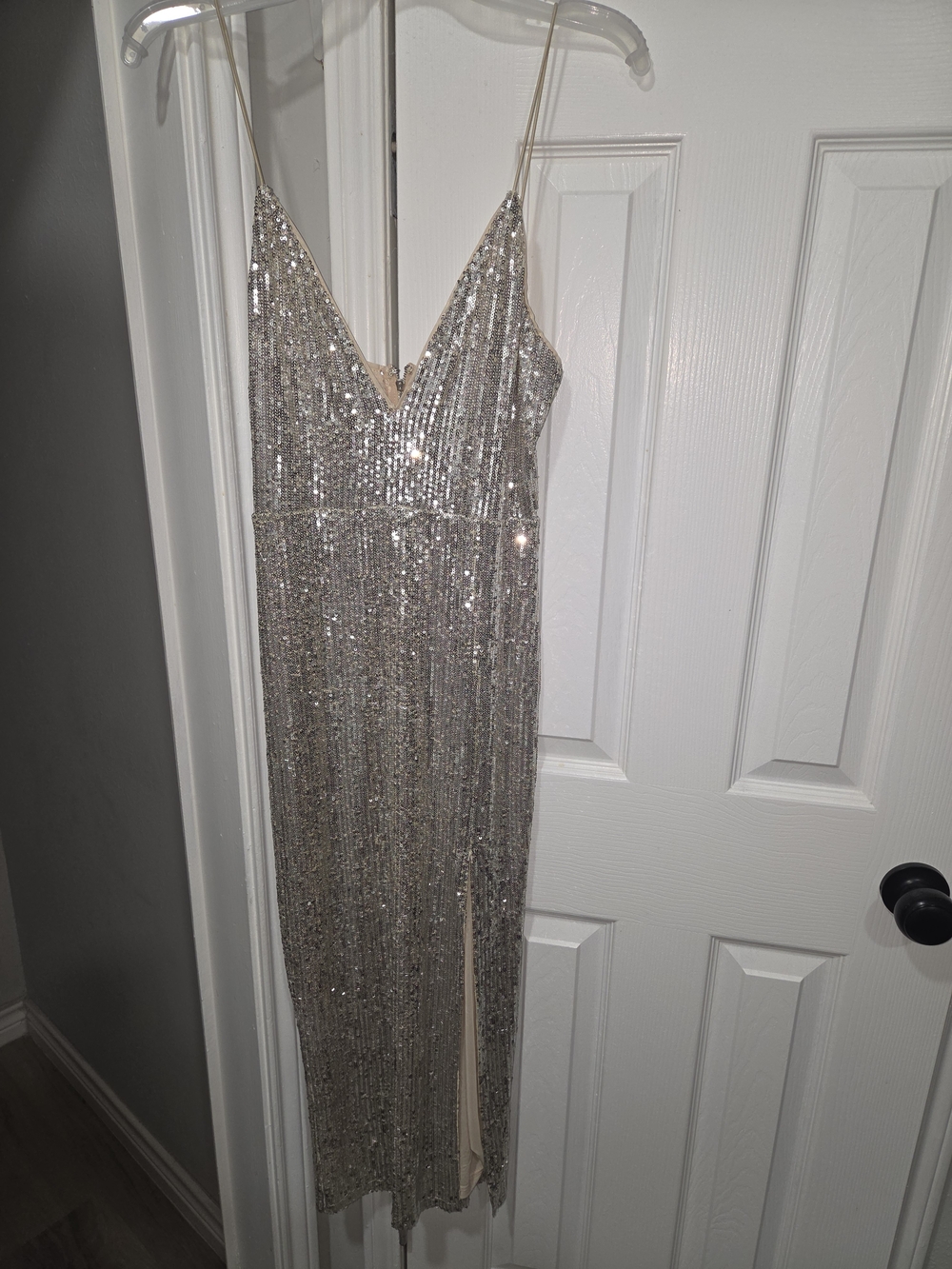 Fashion Nova Silver Sequin Spaghetti-Strap Prom Dress